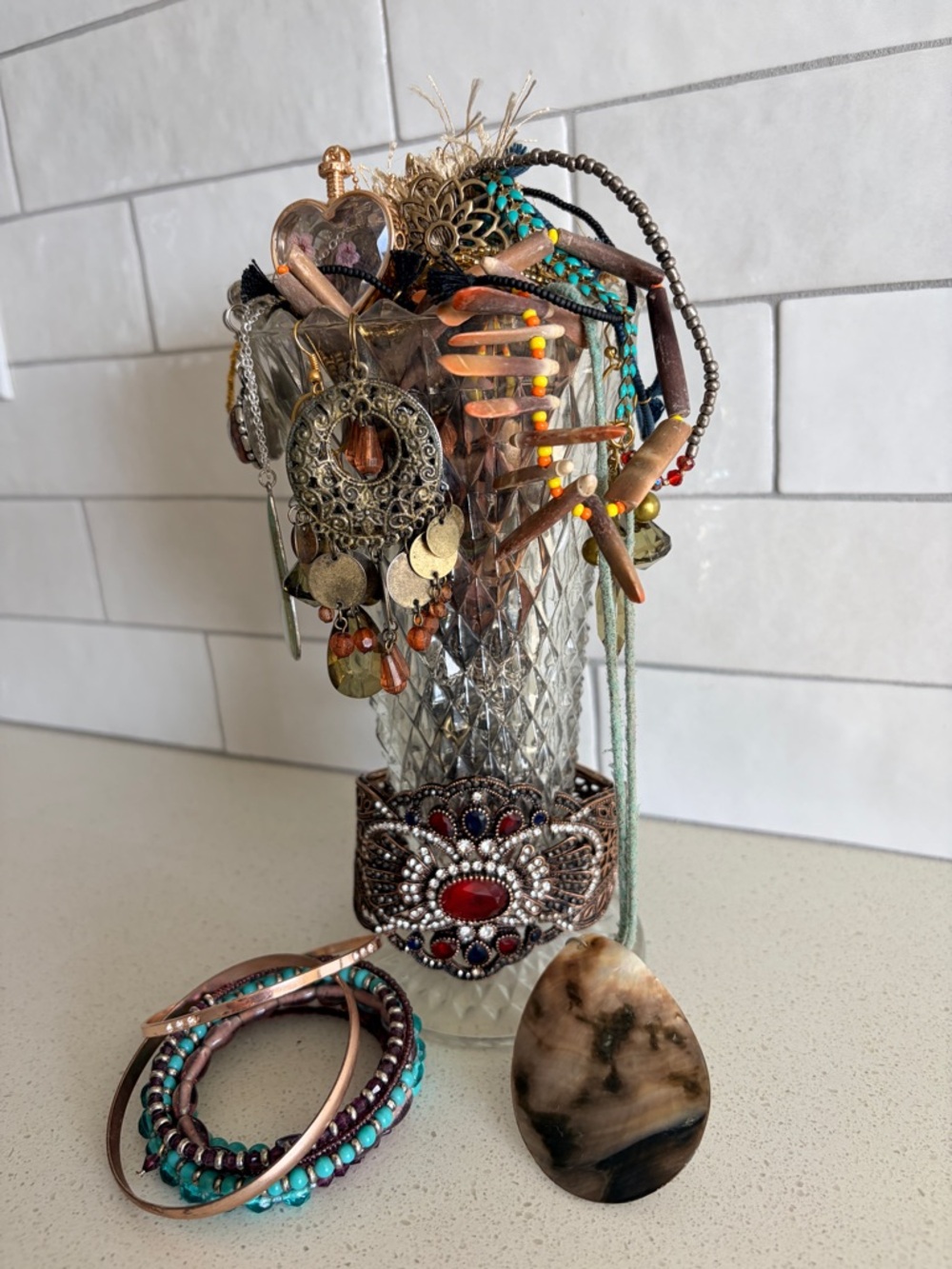 Vintage Boho Mystery Jewelry Jar W/ VTG Vase Mixed Gold Silver Pearl Stone